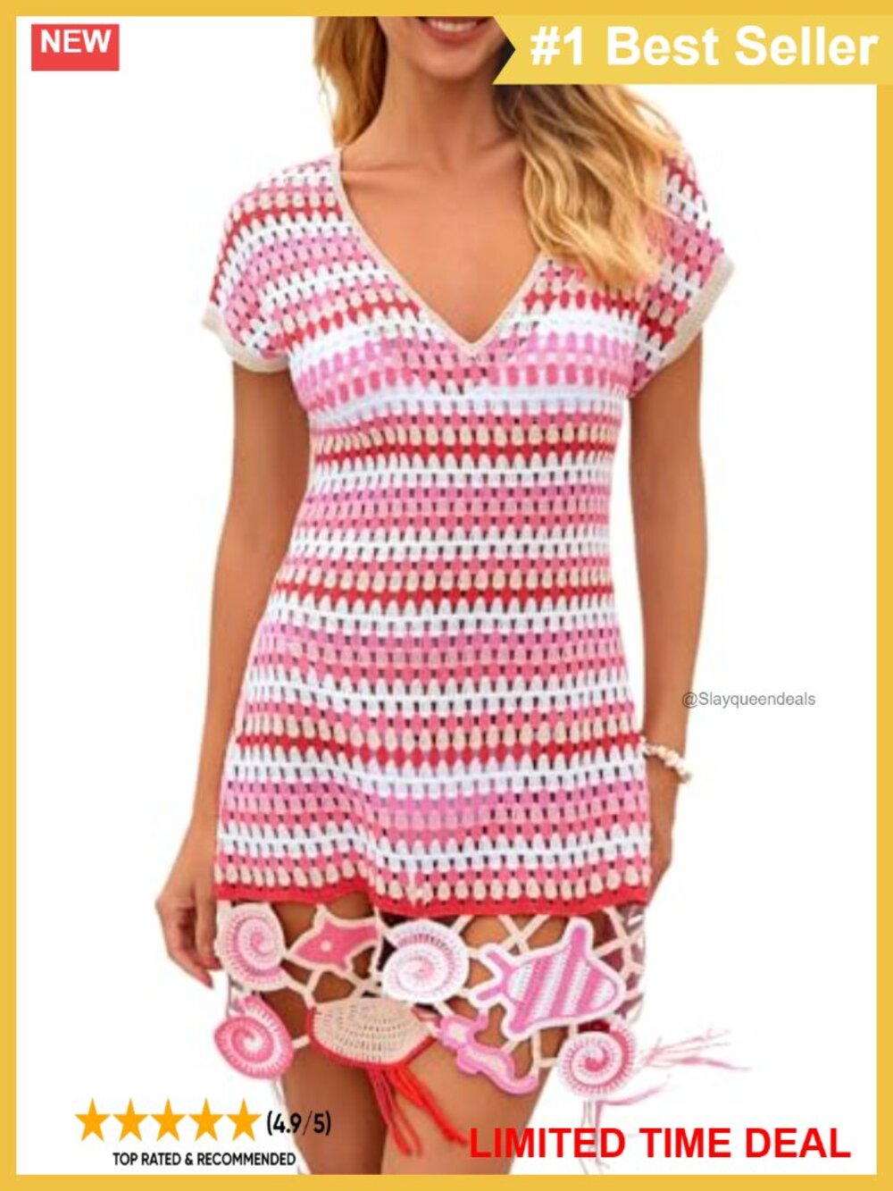 Crochet Beach Coverup Embroidered Vacation Dress Cap Sleeve A-Line
